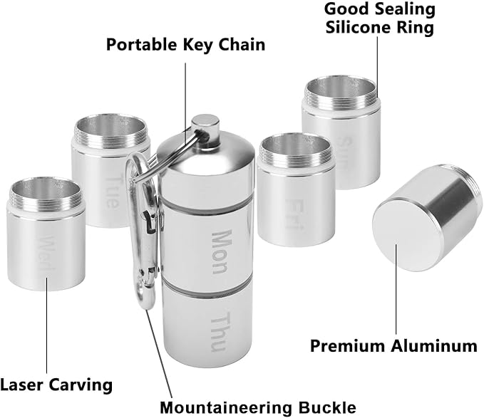 2 Pack Weekly Pill Box, 7 Day Pill Case, BravOne 7 Compartments Aluminum Alloy Portable Pill Holder Waterproof Medicine Organizer Mini Metal Pill Container with Keychain & Carabiner for Travel Camping