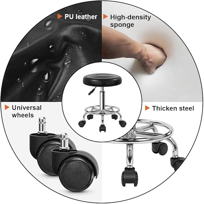 KKTONER PU Leather Modern Round Rolling Stool with Footrest Height Adjustable Spa Drafting Salon Tattoo Work Massage Stools Task Chair Small (Black)