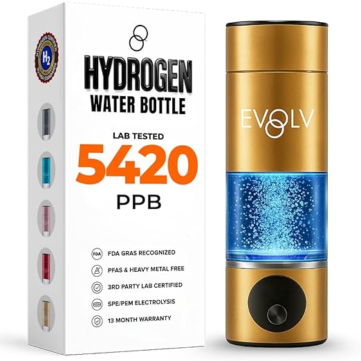 EVOLV Hydrogen Water Bottle Generator – SPE & PEM Water Ionizer 5.4PPM, Highest H2 Concentration – Portable 8oz Hydrogenated Water Bottle – Leak-Proof Hydrogen Water Machine, Easy to Use – Champagne