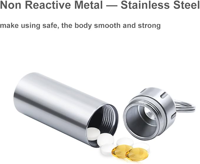 SHD Pill Box Keychain Waterproof Single Chamber Stainless Steel Pill Organizer for Outdoor Travel Camping