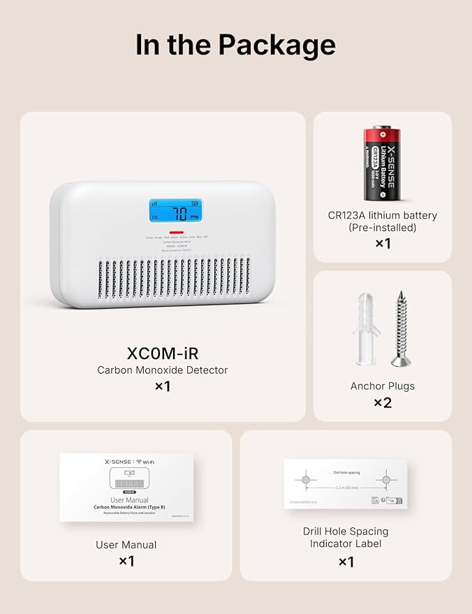 X-Sense Smart Wi-Fi Carbon Monoxide Detector, with Temperature & Humidity Monitor, Voice Alert, Replaceable Battery, Digital Display and Historic CO Peak Level, XC0M-iR 1-Pack