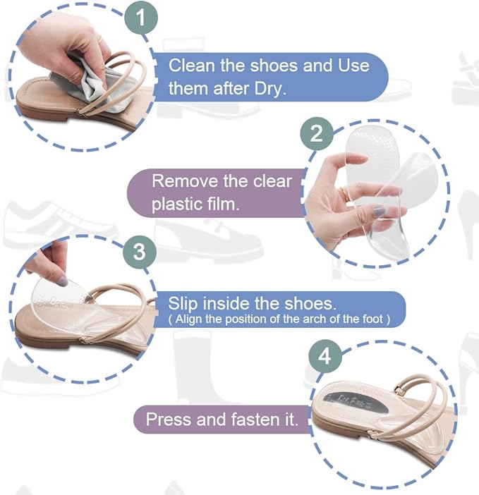 Dr.Foot Arch Support Shoe Inserts for Plantar Fasciitis Relief, Self-Adhesive Arch Pads Heel Cushion for Flats, Heel Pain, Gel Arch Insoles for Men and Women 2 Pairs (Small, Transparent)