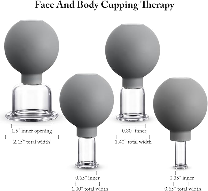 BBTO 4 Pcs Glass Facial Cupping Set Silicone Vacuum Suction Massage Cups Skin Tightening Therapy for Face Body Eyes Back Shoulder Pain(Grey)