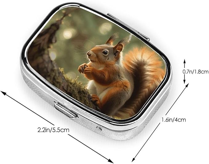 Square Pill Box 2 Compartment Medicine Pill Case Wildlife Forest Squirrel Pill Box for Purse Pocket Waterproof Metal Pill Container Portable Pill Holder Mini Pill Organizer for Travel or Daily