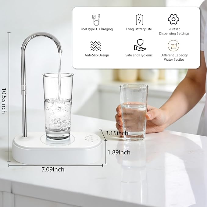 Desktop Water Dispenser for 5 Gallon Bottle, Automatic Countertop Water Dispenser, 6 Dispense Modes, USB Rechargeable, Universal Desk Water Jug Pump for Home, Office,Camping, Kitchen