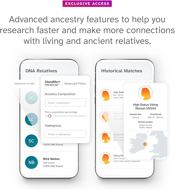 23andMe+ Premium Advanced Ancestry & Health - DNA Test Kit, Personal Genetic Insights, Plus 1-Year Access to Exclusive Reports, DNA Kit (Before You Buy See Important Test Info Below)