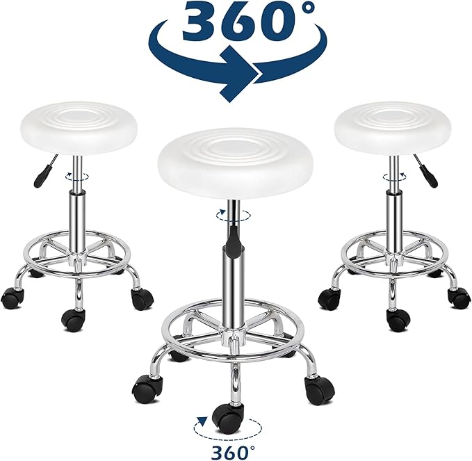 Round Rolling Bar Stool PU Leather with Wheels and Foot Rest, Height Adjustable Task Work Drafting Chair with Back for Salon Spa Tattoo Facial Medical Office Chairs (White)