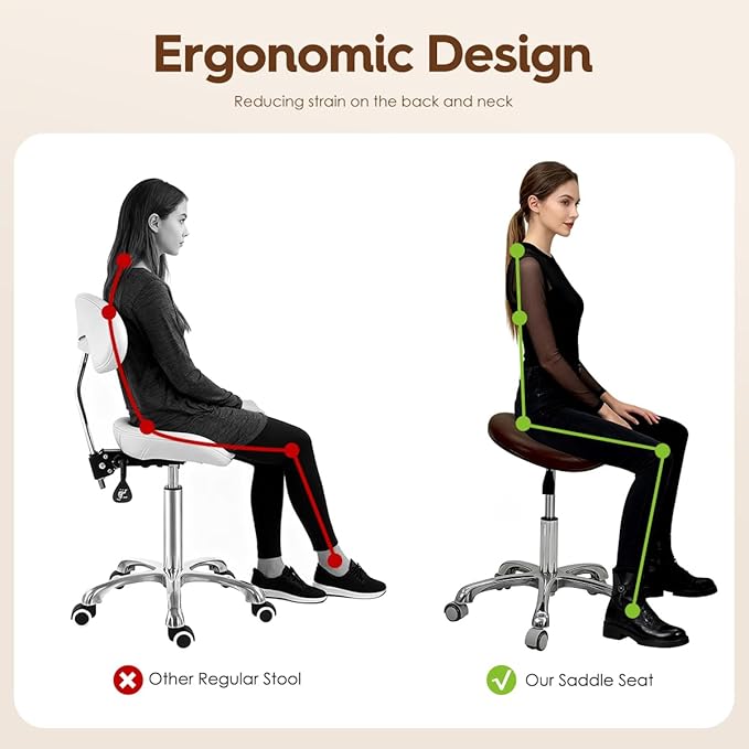 Saddle Stool Rolling Chair for Medical Massage Salon Kitchen Spa Drafting,Adjustable Hydraulic Stool with Wheels (Brown, Without Backrest)