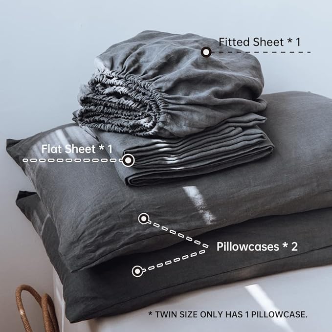 Simple&Opulence Washed Linen Bed Sheet Set Basic Style 4 Pieces (1 Flat Sheet & 1 Fitted Sheet & 2 Pillowcases) 100% Natural French Flax Soft Breathable Farmhouse Bedding (Queen, Dark Grey)