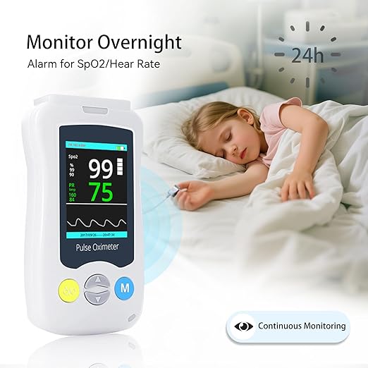 Handheld Pulse Oximeter for Kids, Medical Grade SpO2 Pulse Rate Oximeter Accurate Oxygen Monitor Children with Alarm and Continuous Monitoring, Portable and Support 500 Data Storage for Home