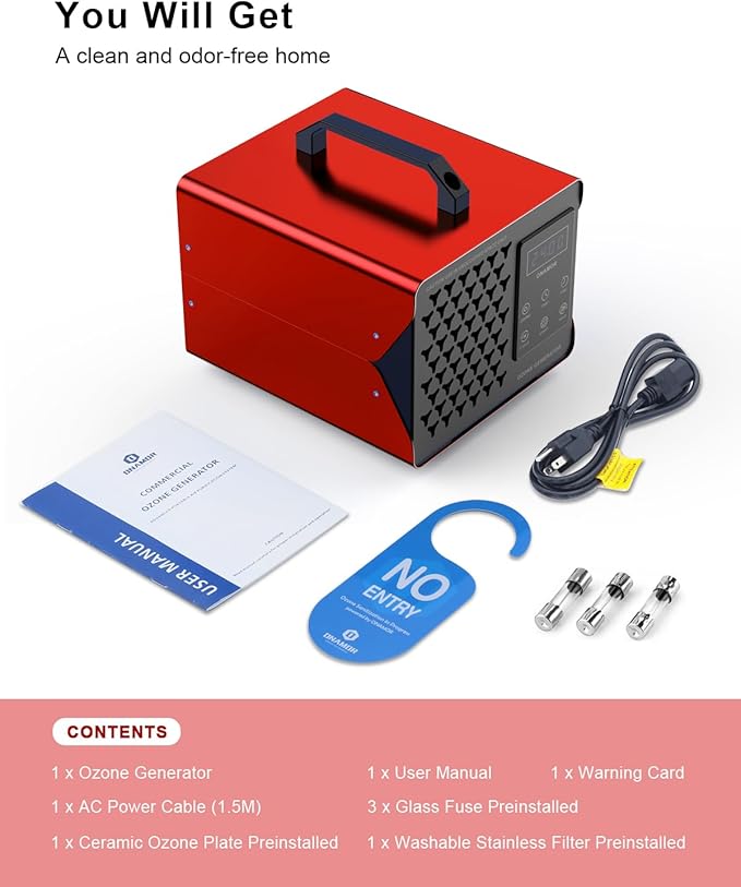 ONAMOR Digital Ozone Generator Odor Eliminator 180,000mg, High Capacity Ozone Machine Odor Removal Up to 8,000 Sq.Ft, Ozone Odor Eliminator, Ionizer Ozonator for Home, Car, Smoke, Pet Room (Red)