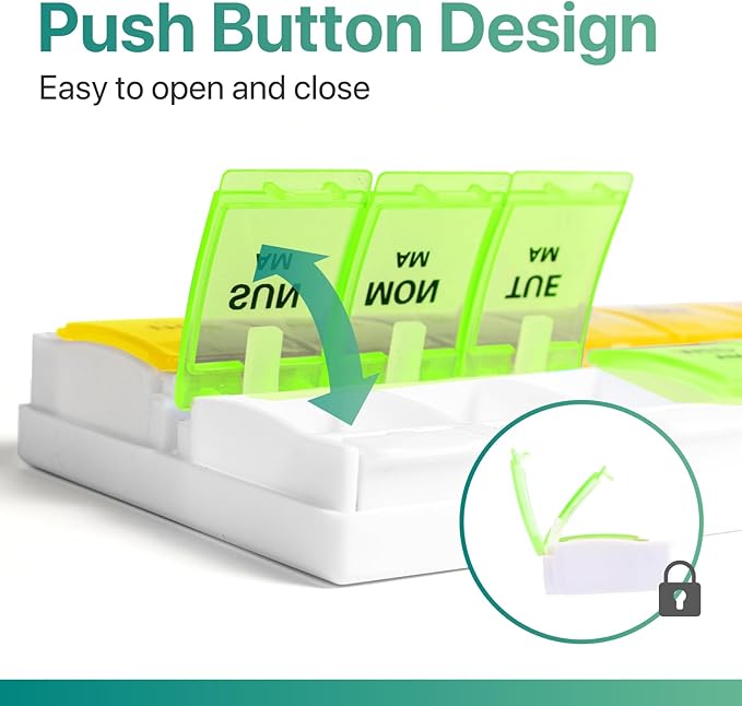 Sukuos AM PM Weekly Pill Organizer 7 Day, 2 Times A Day Medicine Pill Box with Easy Push Button, BPA Free Vitamin Cases for Fish Oil/Supplements, Easy to Clean (Yellow&Green)