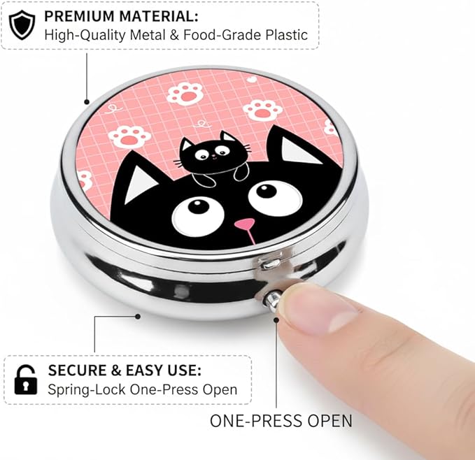 Cute Cat Pill Box 3 Compartment Small Pill Case,Portable for Pocket or Purse Pill Organizer Pill Container Holder with Mirror to Hold Vitamins, Medication, Fish Oil and Supplements
