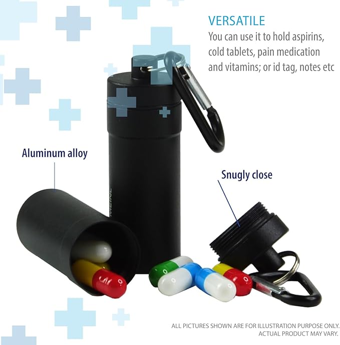 Deke Home - Waterproof Keychain Pill Holder (2 Pack), Small Aluminum Pill Case for Medicine, Vitamins & Travel, Portable Pill Container with Secure Screw Top & Carabiner, 1.9"x0.7", 1.4oz