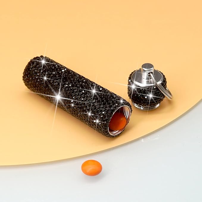 Yuchew Bling Pill Case Pill Container Rhinestone Pill Box Portable Waterproof Pocket Pill Holder Bottle Storage with Keychain for Travel, Outdoor, Camping (Black)