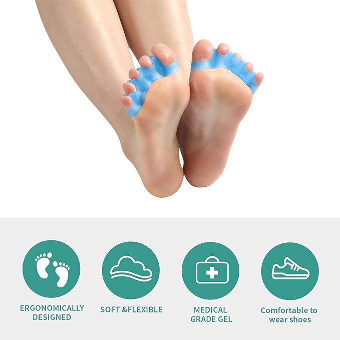 4 Pcs Silicone Toe Spacers – Yoga Toe Separators for Toe Straightening & Relaxation | Correct Overlapping Toes, Bunions, Hammer Toe | Toe Support toe separators for Women & Men (Blue, 3.98)