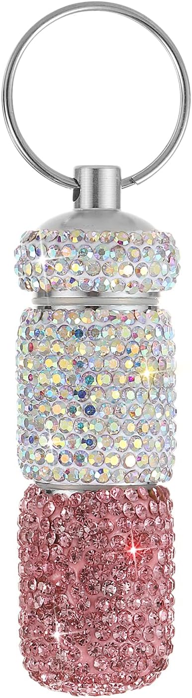 Bling Pill Case Portable Travel Pill Container Bottle Rhinestone Waterproof Small Pill Holder with Keychain Cute Mini Pill Storage Box for Outdoor Camping Case (AB-Pink)