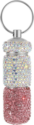 Bling Pill Case Portable Travel Pill Container Bottle Rhinestone Waterproof Small Pill Holder with Keychain Cute Mini Pill Storage Box for Outdoor Camping Case (AB-Pink)