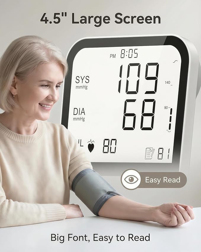 Arm Blood Pressure Monitor No App, 4.5" Large Screen, Extra Large Cuff 23-47cm, Voice Broadcast, Upper Arm BP Machine for Seniors Home Use