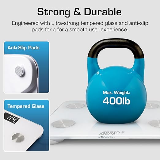 Active Era Digital Bathroom Bluetooth Scales Weight and Body Fat - Fit Track Scale Calculates BMI, Body Fat Percentage, Muscle Mass - Apple Health, Google Fit & Fitbit Compatibility (White)