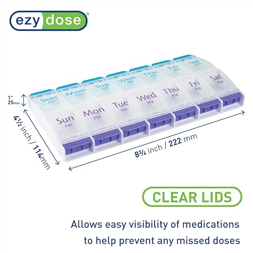 EZY DOSE Push Button (7-Day) Pill Case, Medicine Planner, Daily Vitamin Organizer, 2 Times a Day AM/PM, X-Large Compartments, Arthritis Friendly, Easy to use, Clear Lids, Purple and Blue, BPA Free