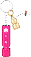 Emergency Whistle Brass Gourd Pill Organizer Keychain – Waterproof Medical Storage Box Engraved with XARELTO Alert for Travel and Everyday Use with Rose Red Whistle