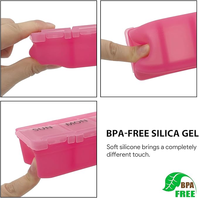 Silicone Weekly Pill Organizer 7 Day Pill Box Medicine Box Daily Arthritis-Friendly, Large Medicine Case Compact Travel Pill Container for Pill,Vitamin & Fish Oil (Pink)