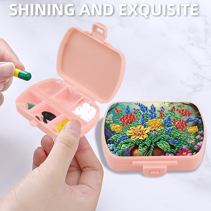 C'eitura 2pcs DIY Flower & Butterfly Diamond Art Painting Pink Pill Organizer with 6 Lid Detachable Compartments, Fun DIY Craft Project for Adults, Elegant Pill Case for Purse & Travel