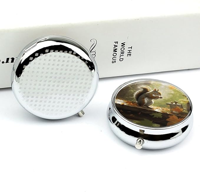 Squirrel Eats Nuts Pill Box Travel Pill Case for Purse Pocket Weekly Medicine Organizer with Mirror 3 Compartment Round Medicine Case Portable PillcaseHolder for Daily