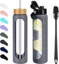 32 oz Glass Water Bottles - 1 Liter Motivational Tumbler Water Bottle Time Marker - Borosilicate Glass Water Bottle With Silicone Sleeve and 2 Lids, Handle Spout & Bamboo Straw Lid