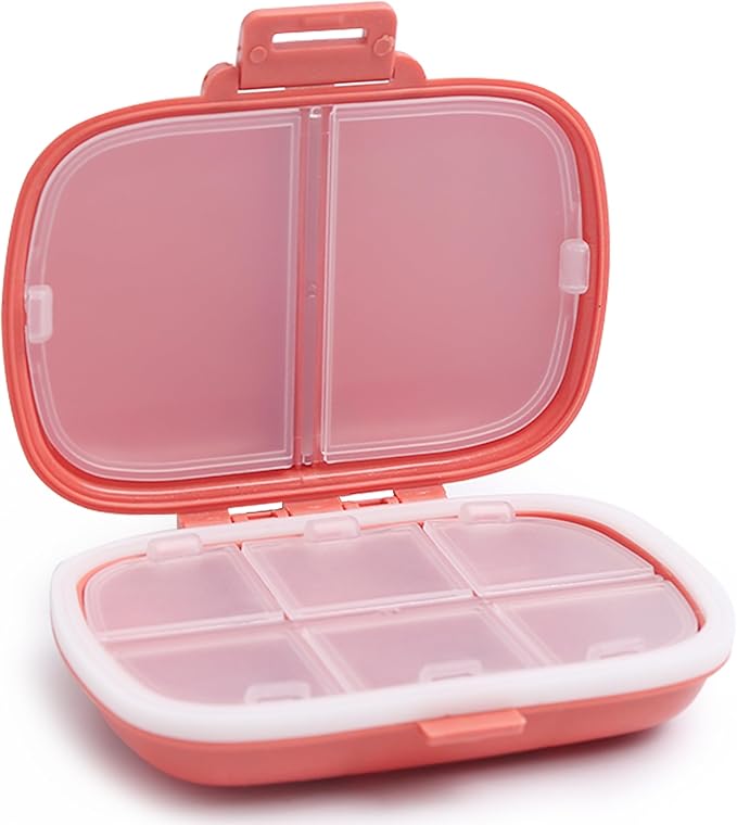 8 Compartments Travel Pill Organizer, Daily Pill Case Small Pill Box for Pocket Purse, Portable Pill Container Medicine Vitamin Organizer (Red)