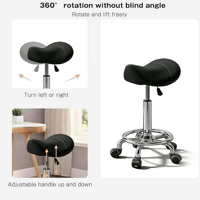 Saddle Stool with Ring Pedal, Adjustable Hydraulic Rolling Chair with Wheels for Medical, Massage, Salon, Spa, Kitchen, and Drafting Use
