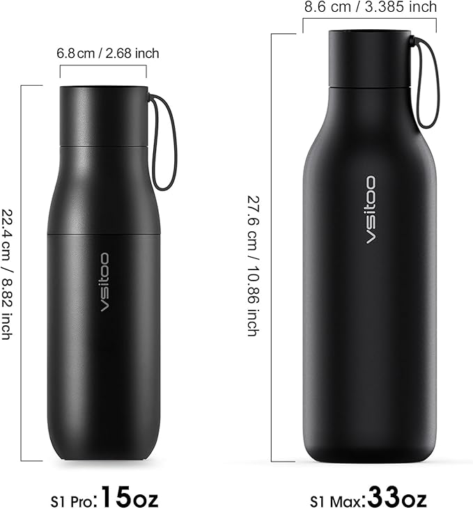 VSITOO 33oz Smart Self-Cleaning Water Bottle，Large Insulated Stainless Steel Bottle with AI Self-Clean, 30-Day Battery & Magnetic Charging for Outdoor Travel, Gym or Office, Black