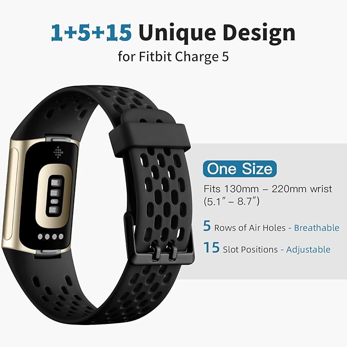 Getino Compatible with Fitbit Charge 6 Bands/Charge 5 Bands for Women Men, Soft Breathable Replacement Sport Strap Adjustable Wristbands for Fitbit Charge 6/ Charge 5 Advanced Fitness Tracker, Black
