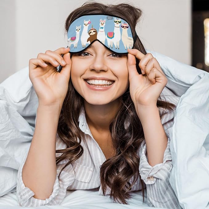 White Llamas Sleep Mask Eye Mask Alpaca Sloth Rainbow Glasses Llamas Cute Flowers Blue Sleep Mask Light Blocking Adjustable Smooth Soft Eye Masks for Women Deep Rest Travel