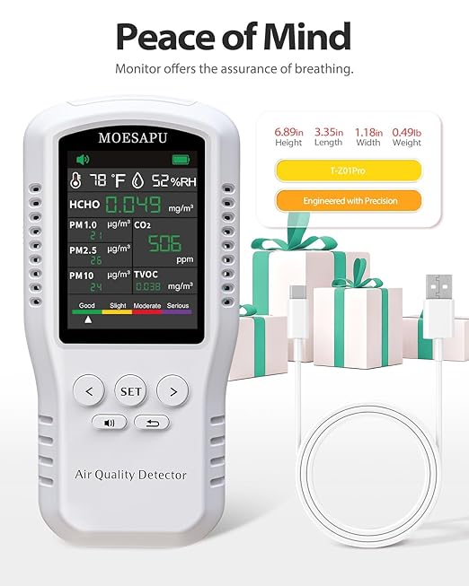 9-in-1 Air Quality Monitor, HCHO TVOC CO2 PM10 PM2.5 PM1.0 Detector, Formaldehyde Alarm, Particulate Matter Tester, Carbon Dioxide Meter, AQI with Temperature Humidity Reader in Home
