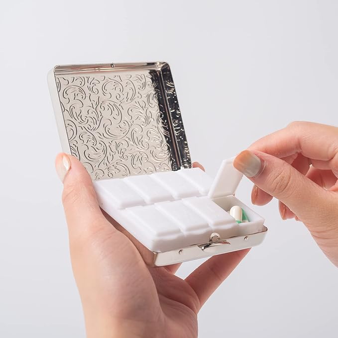 Fashion Elegant Medicine Portable Double Protection Switch Metal Travel Pill Box (7 Days) /8 Compartment (Light Silver)
