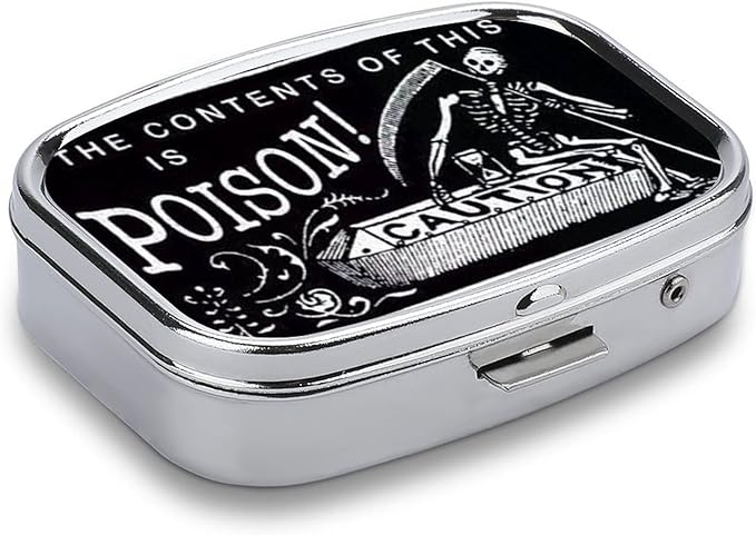 Metal 2 Compartment Pill Organizer Travel Friendly Portable Compact Box Cute Case to Hold Vitamins/Tylenol/Fish Oil/Supplements/Meds/Tablet (Poison Caution), 1.97 x 0.79 x 0.39 Inch