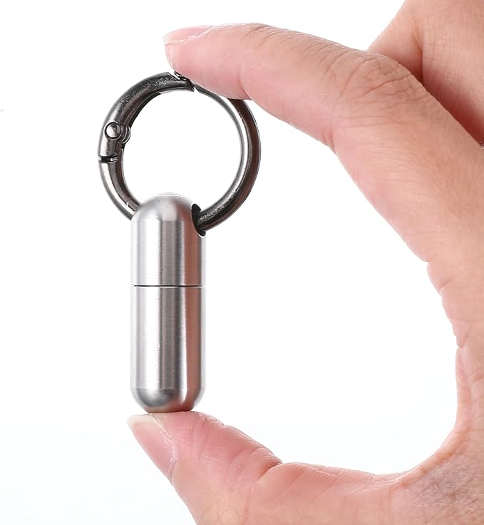 Small Keychain Pill Holder Stainless Steel Waterproof Container Tiny Portable Pill Case Organizer for Travel Purse Pocket Mental Box with Keyring for Outdoor Camping(2 Compartment)