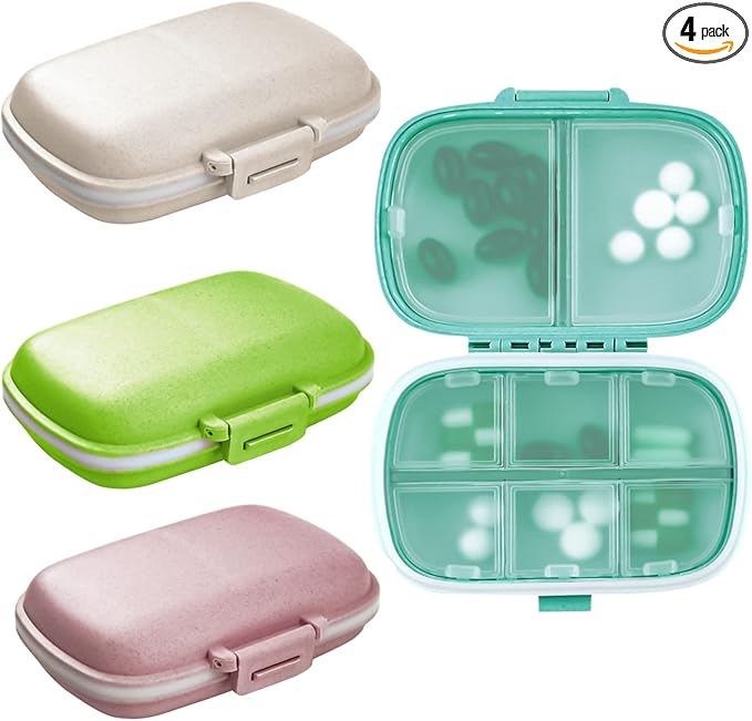 4PCS Travel Pill Organizer, 8 Compartments Portable Pill Case, Small Pill Box for Pocket Purse Portable Medicine Vitamin Container (Green+Blue+Pink+Beige)