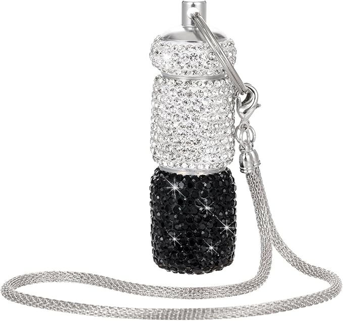 Dual-Compartment Small Pill Holder Keychain Bling Pill Container with Key Chain Travel Pill Organizer Medicine Box for Women (White+Black)