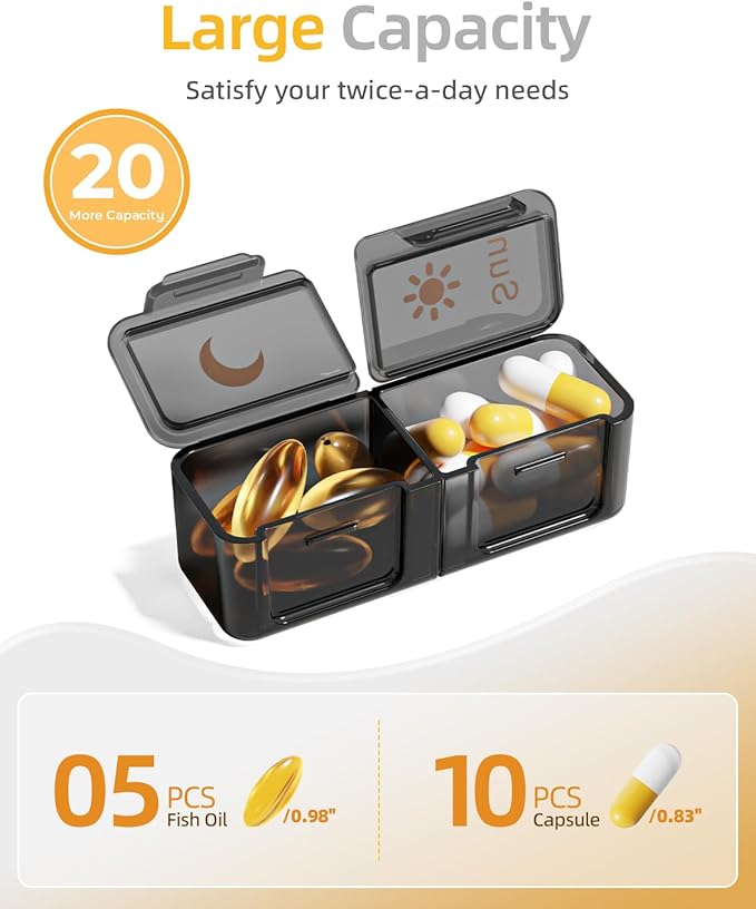 AM PM Pill Organizer 2 Times A Day, 7 Day Pill Box Weekly Pill Organizer Travel with Separate Container, Portable Daily Medicine Planner Dispenser Case for Vitamin, Fish Oils, Supplements（BlackGold）