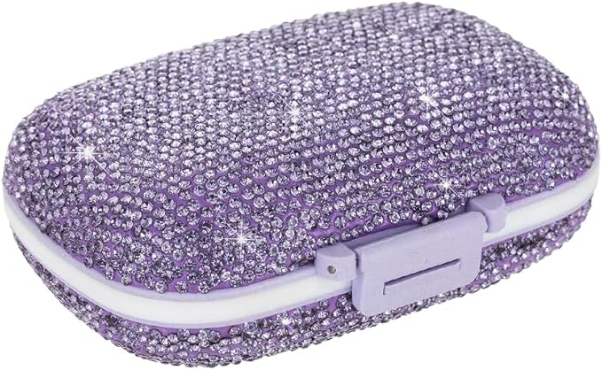 Daily 6 Compartments Pill Box Container Bling Diamond for Purse Medicine Container Holder for Women Travel Kit Medicine (Purple)