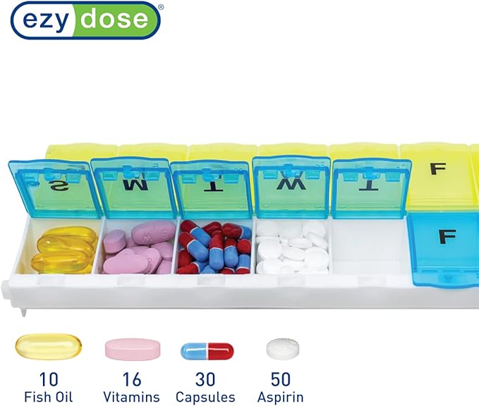 EZY DOSE Pill Organizer Weekly AM/PM (7-Day), Medicine Planner, Vitamin Case/Box, 2X-Large Locking Compartments to Secure Prescription and Prevent Accidental Spilling, Blue and Yellow, BPA Free