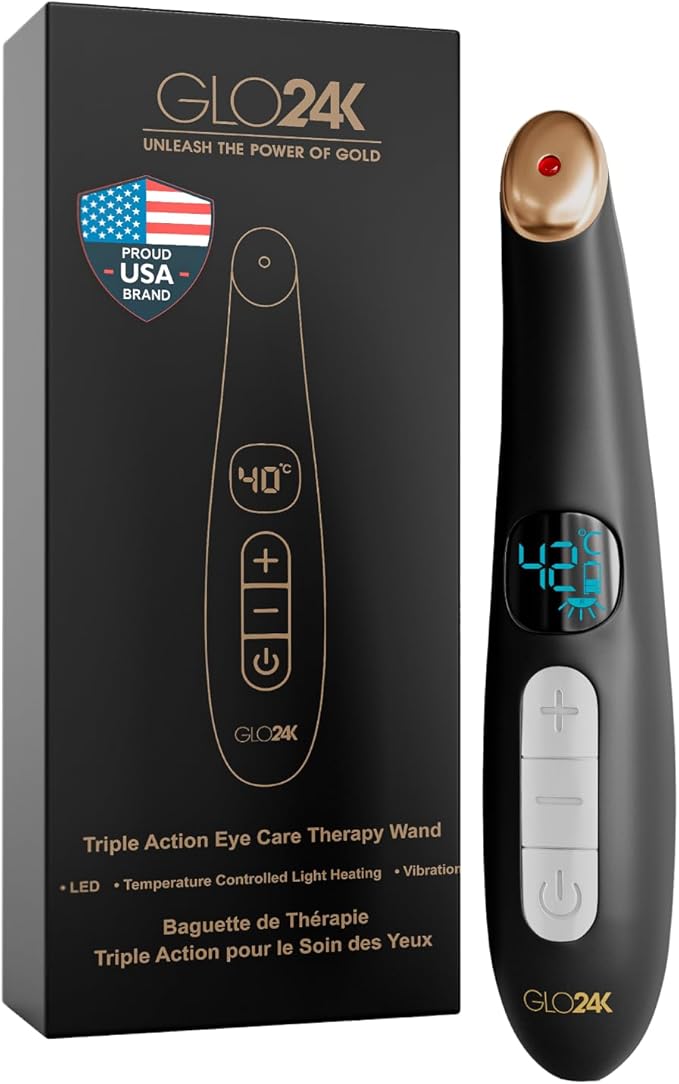 GLO24K Heated Eye Wand & Eye Massager Tool – Gentle Warmth & Vibration for Smoother-Looking Skin, Refreshing Under-Eyes Massage, Portable Beauty Device