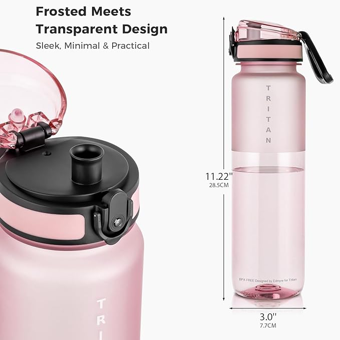 32oz Water Bottle with Chug Lid, Frosted & Clear Tritan BPA-Free, Leakproof, Wide Mouth, Portable Sports Water Bottle for Gym, Office, Travel, Outdoor (Pink)