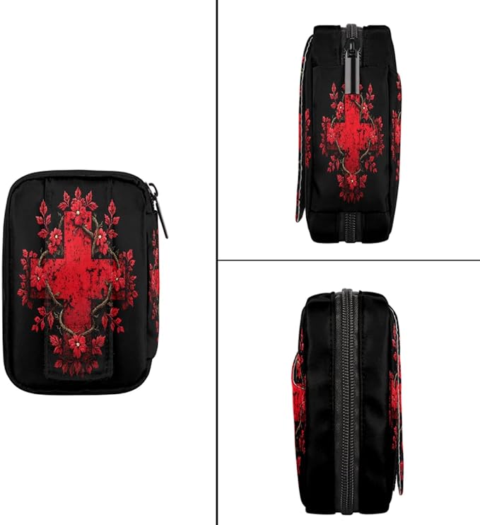 Jesus Red Flower Pill Case Everyday Travel, 7 Day Weekly Medicine Pill Box Compact Portable Pills Bottle Organizer with Zipper for Daily Vitamin Medicine Holder Bottle Organizers Bag