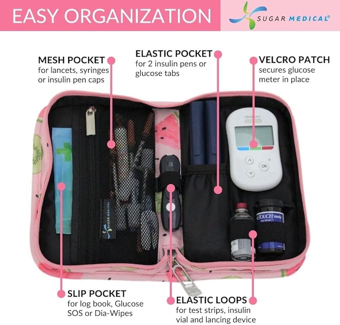 Sugar Medical Diabetes Supply Case | Medical Supplies Travel Bag | Glucose Meter Organizer | Diabetic Care Products | Glucometer Kit (Watermelon)