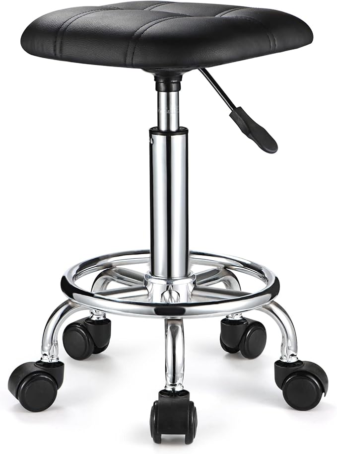 Square PU Cushion Rolling Stool with Wheels Height Adjustable Swivel Stools Office Chair Black