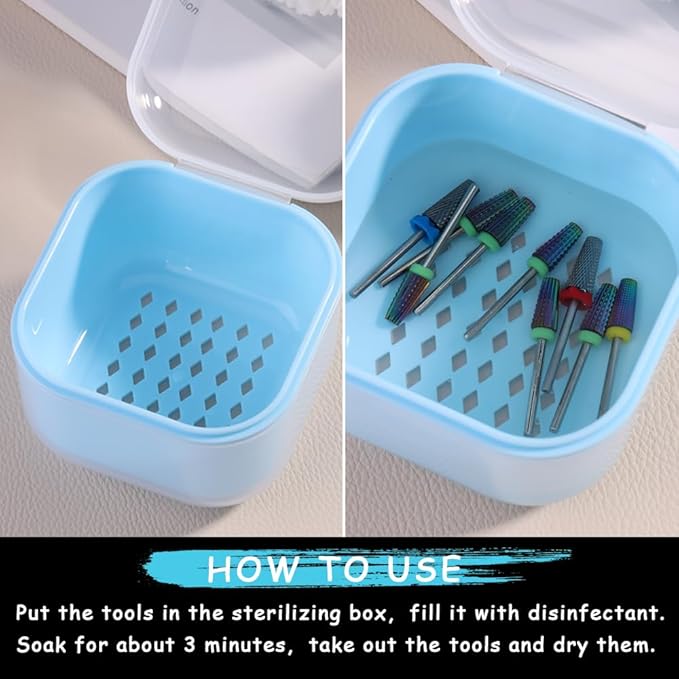 Nail Tool Sterilizer Box Plastic Sterilization Tray for Nail Art Accessories Tools, Portable Nail Drill Bits Disinfectant Container Soaking Box with Strainer Nail Art Salon Sterilizing Tool